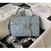 Top Grade Chanel Grained Calfskin Small Flap Bag with Top Handle AS4711 Light Blue 2024