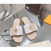 Good Quality Louis Vuitton LV Frame Flat Slide Sandals in Monogram Dune Canavs with Studs Beige 606175