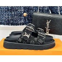 Good Looking Louis Vuitton LV Flat Slide Sandals in Monogram Denim with Strap Black 606177