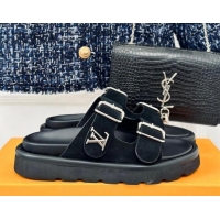 Best Product Louis Vuitton LV Flat Slide Sandals in Black Suede with Strap 606178