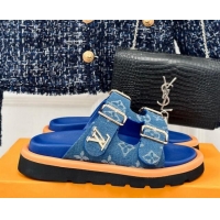 Grade Quality Louis Vuitton LV Flat Slide Sandals in Monogram Denim with Strap Blue 606179