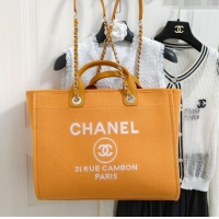 Shop Promotional Chanel Deauville Cotton & Calfskin Large Shopping Bag AS2008 Orange 2024