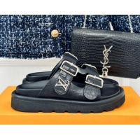 Pretty Style Louis Vuitton LV Flat Slide Sandals in Balck Embossed Leather with Strap 606180