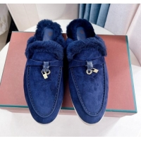 Top Quality Loro Piana Babouche Charms Walk Mules in Suede and Wool L6062 Dark Blue 2023