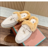 ​Inexpensive LP Charms Walk Babouche Loafers with Fur in Suede LP010901 Pale Grey/Yellow 2024 Top