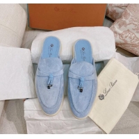 New Style Loro Piana Suede Flat Mules 0507 Light Blue 2024