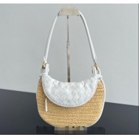 Best Price Bottega Veneta Small Gemelli Shoulder Bag in Intrecciato Leather and Straw 776764 White