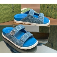 Durable Gucci GG Denim Flat Slides Sandal with Strap Blue 05021