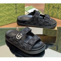 Luxurious Gucci GG Denim Flat Slides Sandal with Strap Black 05022