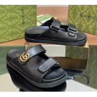 Top Quality Gucci Leather Flat Slides Sandal with Strap Black 05023