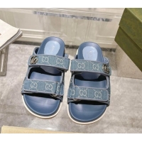 Good Product Gucci GG Denim Flat Slides Sandal with Strap Light Blue 05027