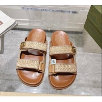 Buy Duplicate Gucci Straw Effect Flat Slides Sandal with Strap and GG Beige 605029