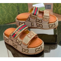 Most Popular Gucci Maxi GG Canvas Platform Slides Sandal 5.5cm with Strap and Web Camel/Brown 05033