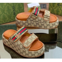 Best Grade Gucci GG Canvas Platform Slides Sandal 5.5cm with Strap and Web Camel Brown 05034