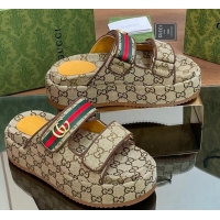 Popular Gucci GG Canvas Platform Slides Sandal 5.5cm with Strap and Web Beige 605035