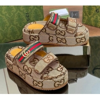 Low Price Gucci Maxi GG Canvas Platform Slides Sandal 5.5cm with Strap and Web Camel/Coffee 605036