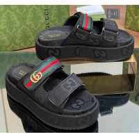 Buy Duplicate Gucci Maxi GG Canvas Platform Slides Sandal 5.5cm with Strap and Web Black 605037