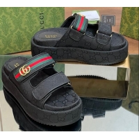 Best Price Gucci GG Canvas Platform Slides Sandal 5.5cm with Strap and Web Black 605038