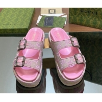 Good Looking Gucci GG Canvas Platform Slides Sandal 5.5cm with Buckle Strap Pink 605040