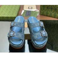 Unique Style Gucci GG Denim Platform Slides Sandal 5.5cm with Buckle Strap Blue 605041