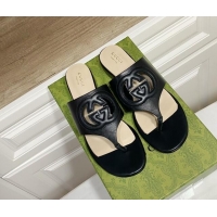 Grade Quality Gucci Leather Flat Thong Slide Sandals with Cutout Interlocking G Black 605043