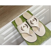 Best Grade Gucci Leather Flat Thong Slide Sandals with Cutout Interlocking G White 05044