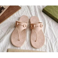 Top Grade Gucci Rubber Flat Thong Slide Sandals with Horsebit Nude Pink 05046