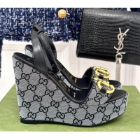 Pretty Style Gucci GG Canvas Wedge Sandals 12cm with Horsebit Grey/Black 05052