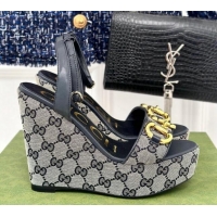 Lower Price Gucci GG Canvas Wedge Sandals 12cm with Horsebit Grey 05054