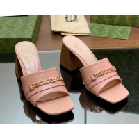 Popular Style Gucci Signoria Heel Slide Sandals 7.5cm with Chain Light Pink 05058