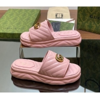 Best Product Gucci Chevron Leather Platform Slides Sandal 3.5cm with Double G Light Pink 05062