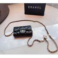 Good Taste Chanel Calfskin Flap Card Holder with Chain CH0510 Black 2024