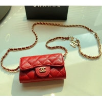 Good Looking Chanel Grained Calfskin Flap Card Holder with Chain CH0510 Red 2024