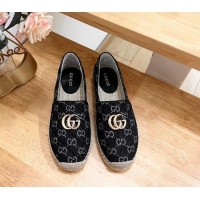 Good Quality Gucci Quilted Denim Espadrilles Flat with GG Black 05072