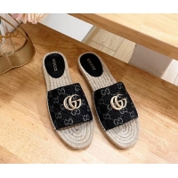 Best Grade Gucci Quilted Denim Espadrille Flat Slides Sandal with GG Black 05075