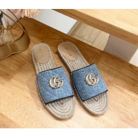 Good Looking Gucci Quilted Denim Espadrille Flat Slides Sandal with GG Light Blue 05076