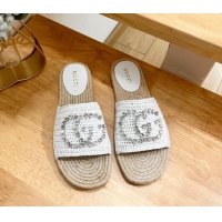 Best Grade Gucci Strass Interlocking G Espadrille Flat Slides Sandal White 605091