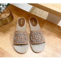 Pretty Style Gucci Strass Interlocking G Espadrille Flat Slides Sandal Dark Beige 05093