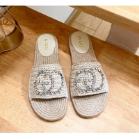 Good Looking Gucci Strass Interlocking G Espadrille Flat Slides Sandal Pale Beige 05094