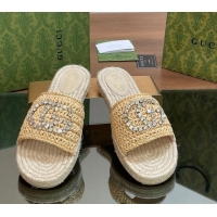 Top Grade Gucci Strass Interlocking G Espadrille Flat Slides Sandal Light Beige 05095