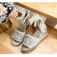 Durable Gucci Strass Interlocking G Espadrille Wedge Sandals with Ankle Tie Pale Beige 05096