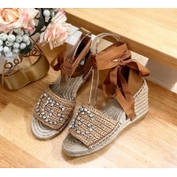 Grade Quality Gucci Strass Interlocking G Espadrille Wedge Sandals with Ankle Tie Dark Beige 05097