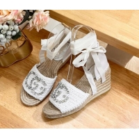 Good Quality Gucci Strass Interlocking G Espadrille Wedge Sandals with Ankle Tie White 05098