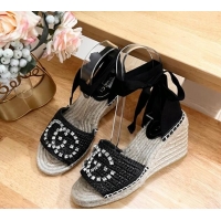 Low Cost Gucci Strass Interlocking G Espadrille Wedge Sandals with Ankle Tie Black 05099