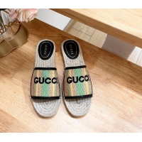 Luxurious Gucci Jute Espadrille Flat Slides Sandal with Green and Yellow Stripes 605106