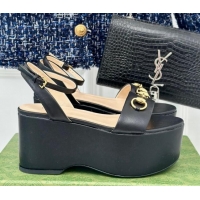 Good Product Gucci Horsebit Leather Platform Sandals 7.5cm Black 605114