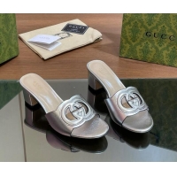 Best Grade Gucci Cutout Interlocking G Heel Slide Sandals 5.5cm Silver 605119