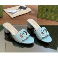 Popular Style Gucci Cutout Interlocking G Heel Slide Sandals 5.5cm Light Blue 605126