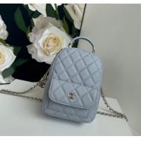 Good Product Chanel Grained Calfskin Mini Backpack Bag with Chain AP3573 Light Blue 2024