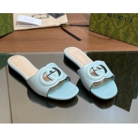 Buy Luxury Gucci Cutout Interlocking G Flat Slides Sandals Light Blue 605131